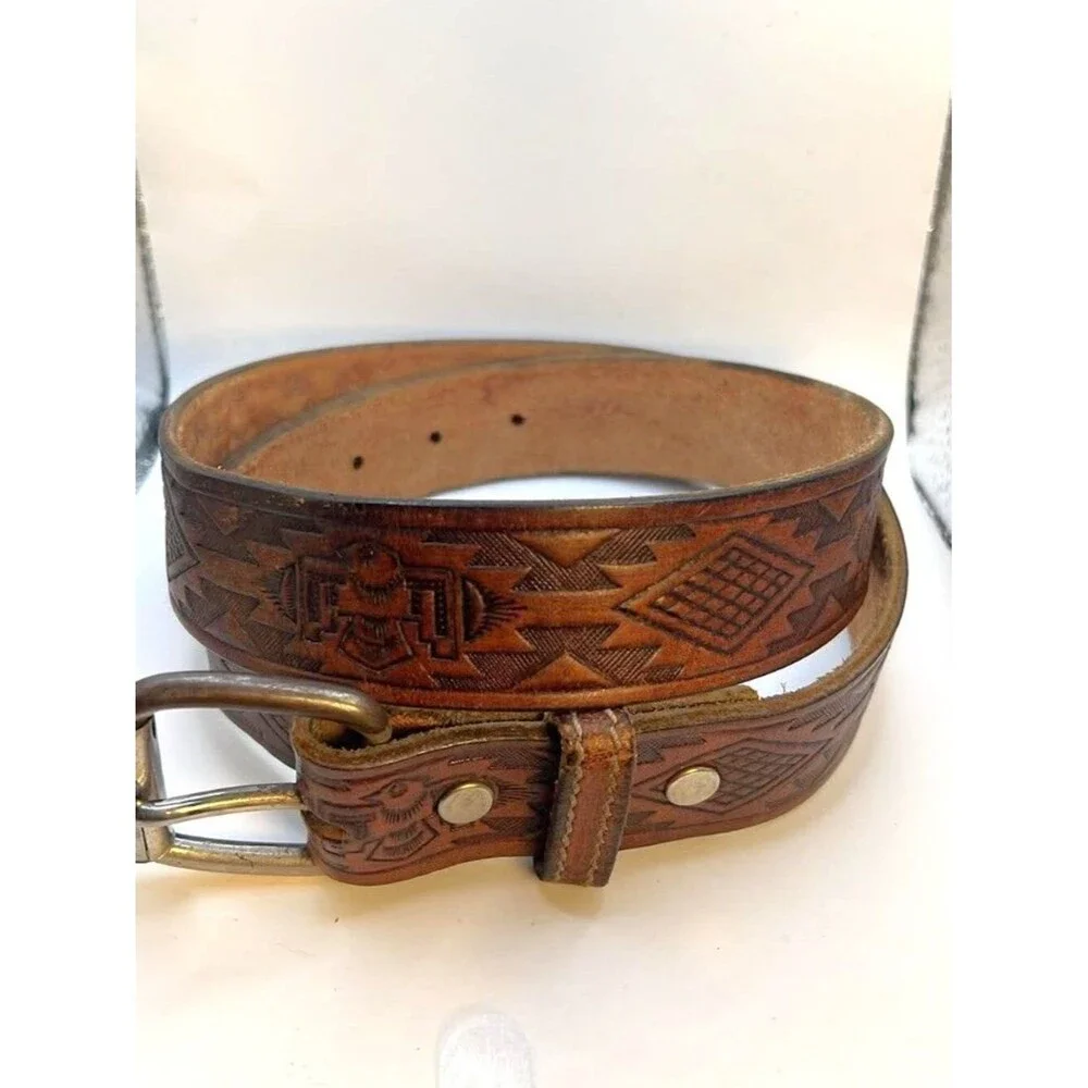 Vintage Tooled Genuine Leather Belt (Made in USA)